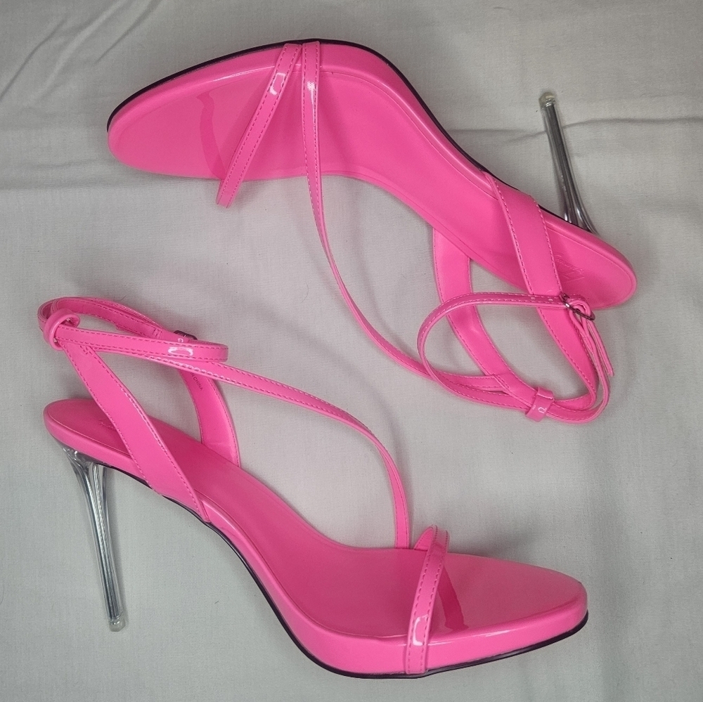 AAJ by Aminah Neon Pink Zayn Lucite Heel Asymmetric Strap Sandal NIB 8.5